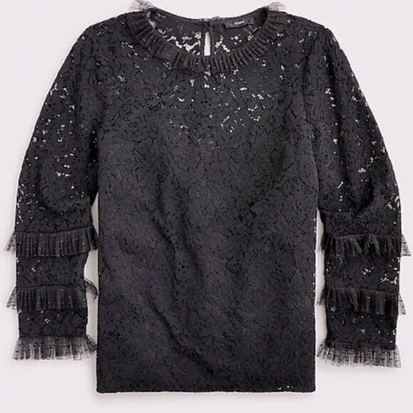 NEW J. Crew Womens Black Lace Tulle Top XXS Semi Sheer Long Sleeve Romantic - Picture 1 of 14